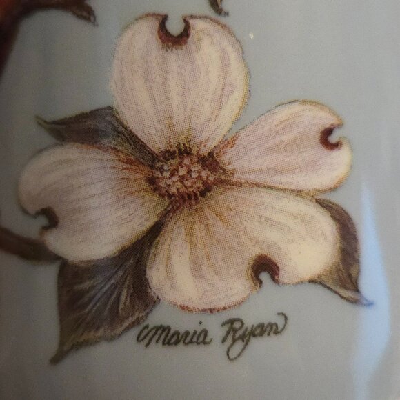 Garden Birds Mug By Maria Ryan Cardinals Dogwood Branch Bee Inhesion Porcelain - Picture 2 of 8